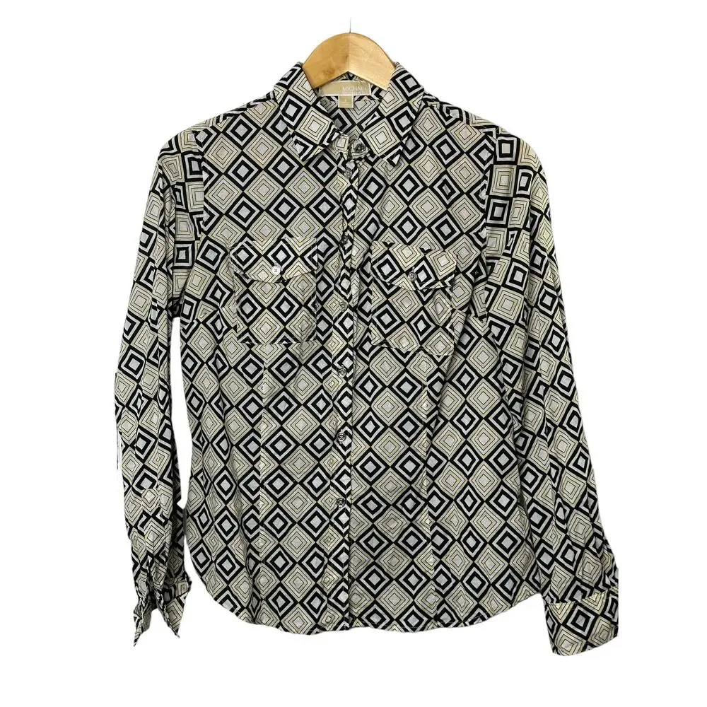 Michael Kors Black & Tan Geometric Print Retro Look Button-Up Shirt Womens Small